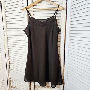 Vintage 90s Sheer Chocolate Brown Slip/Slip Dress With Lace Trim Small/Medium